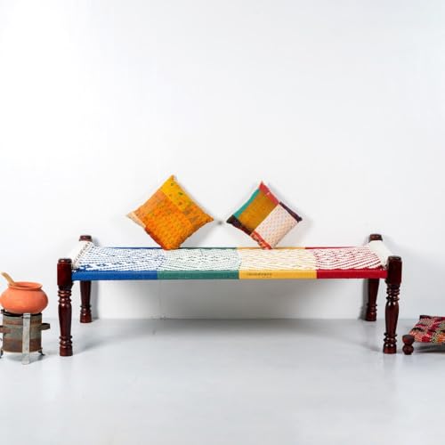 Image of Solid Sheesham Wood Charpai Khat | Handcrafted Daybed Khatiya Charpai with Cotton Rope | Traditional Khat Bed Wooden Diwan Cot for Living Room | 6X3 Feet | Colorful 0010 (White-Multi)