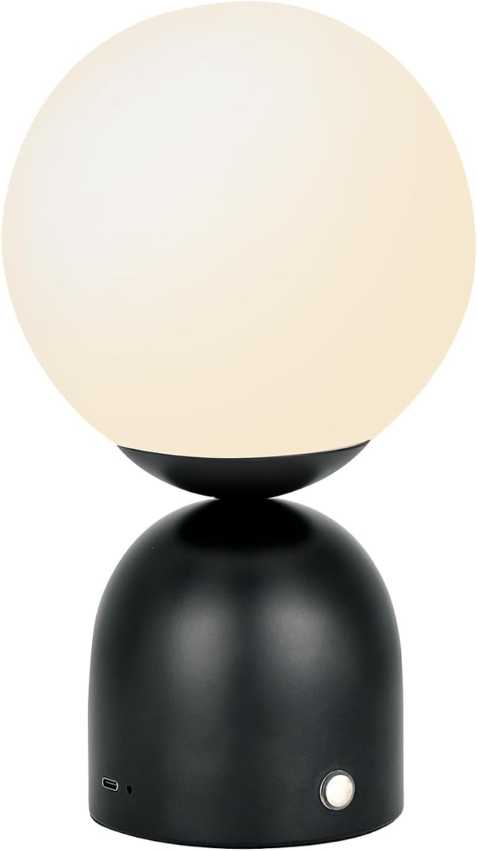 Cordless Globe Glass Table lamp Black, 5200-mAh Rechargeable Orb Lamp, 3-Level Brightness Dimmable, Integrated LED 320 Lumen Max, for Bedside Nightstand Light