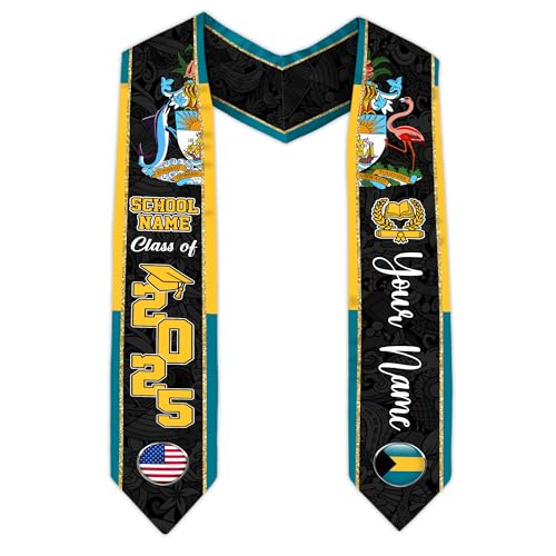 MonkeyVan Personalized Bahamas Graduation Stole, Bahamian Graduation Sash, Bahamas Flag Graduation Stole, Class of 2025 Bhm2
