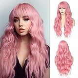 Angzon Pink Wig With Bangs Long Wavy Wigs for Women 26 Inch Curly Wavy Wig With Bangs Natural Looking Synthetic Heat Resistant Fiber Wig for Daily Party Use