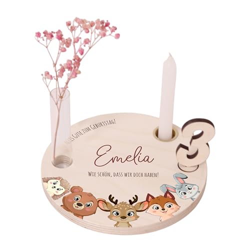 LAUBLUST Personalisierter Geburtstagsteller aus Holz mit Kerzenhalter, Vase & Zahlen - Geburtstagsdeko mit Namen - Waldtiere Motiv | Ø16.5 cm, Natur - Geburtstagstisch - 1. Geburtstag Kinder Geschenk