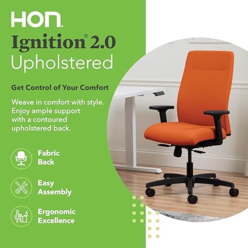 Image of HON Ignition 2.0 Ergonomic Office Chair with Adjustable Arms, Standard Synchro‑Tilt Recline, Upholstered Desk and Computer Chair for Home Office or Workstation, Black Frame, Apricot