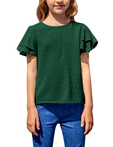Hopeac Girls Cute Short Sleeve Crew Neck Chiffon Blouses Loose Soft Casual Shirts Tops Dark Green #TOP1