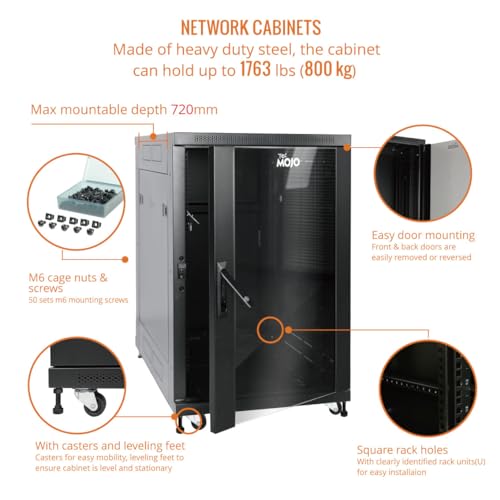 Image of Tecmojo Fully Assembled 18U Network Cabinet AV Rack Black Equipment Rack Enclosure with Casters /Locking Doors with Dual Fan, PDU and Cantilever Shelf Installed (31.5inch Deep Glass Door)