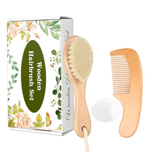 Image of Wooden Baby Hair Brush and Comb Set, 3Pcs Natural Soft Goat Bristles Brush Cradle Cap Comb Baby Shower Scrubber Perfect Scalp Grooming Product for Newborn, Toddler, Infant (White)