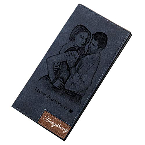 Personalized Mens Long Leather Wallet Custom Engraved photo wallet for Men fathers day gift(Blue Single Side)