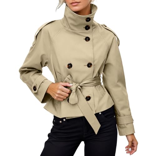 Generisch Trenchcoat Damen Kurz Zweireihig Jacke Mit Gürtel Kurzmantel Übergang Windjacke Leicht Mantel Trench Coat Einfarbig Jacken Stehkragen Herbstjacke Casual Übergangsjacke Büromantel