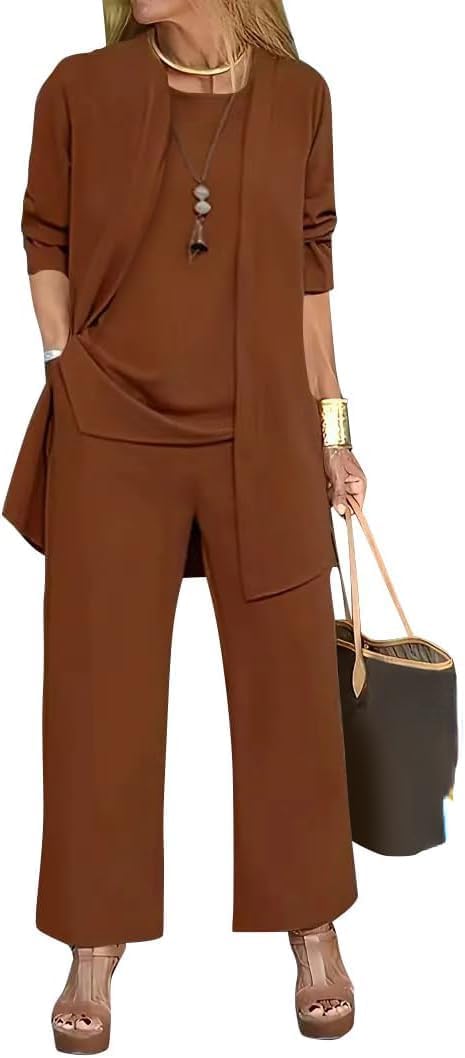 Cardigan pour femmes haut pantalon ample couleur unie marron taille XXL