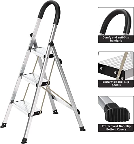 3 Step Ladder - Isasaka Folding Step Stool W/Non-Slip Wide Pedal Lightweight Portable Sturdy Aluminum Ladders Hold Up To 330Lbs #TOP1
