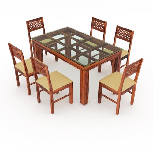 Image of Solid Sheesham Wood Dining Glass Top Table Set of 6| Wooden 6 Seater Dining Table with 6 Chairs with Cushion|Wood Dining Table & Chairs for Home, Restaurant, Dining Room |Honey Finish