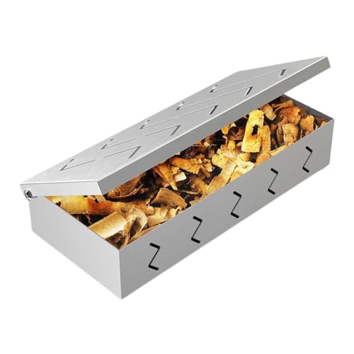 Caja para ahumar para parrilla de carbón,Caja para ahumar barbacoa,Contenedor de astillas de madera para barbacoa | Caja ahumadora para asar barbacoa de acero inoxidable de 22x10 cm para