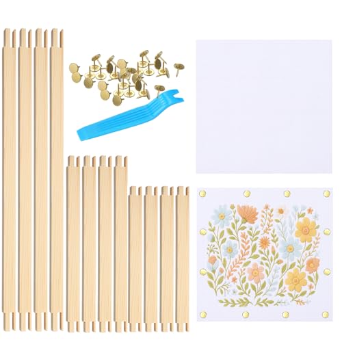 Image of Threehoney 116 Pcs Needlepoint Stretcher Bars Kit 12 Wooden Stretcher Bars, 100 Thumb Tacks and White Cloth Multi Size Embroidery Frame DIY Needlework Craft for Cross Stitch Art Accessories