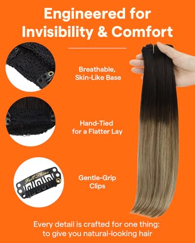 Image of Full Shine Real Human Hair Clip in Extensions, 3 Pcs 60g 16 Inch | Black Balayage Medium Brown Highlights Caramel Blonde, Clip in Hair Extensions Human Hair, Lightweight