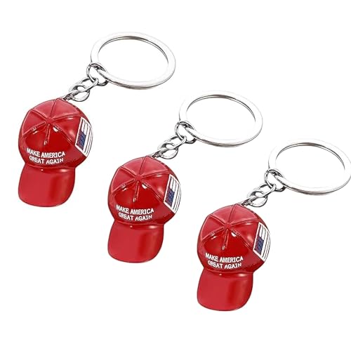 Red maga Patriotic Hat Flag Metal Keychain Pack of 3 Small Baseball Cap Design Keychain with USA Flag Hat Keychain with Key Ring