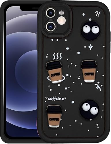 Image of GoldKart Back Case Cover Compatible for iPhone 12 | Cute Fun Cartoon 3D Ball Coffee Silicone Case | Full Body Protection Back Cover for iPhone 12 - Black