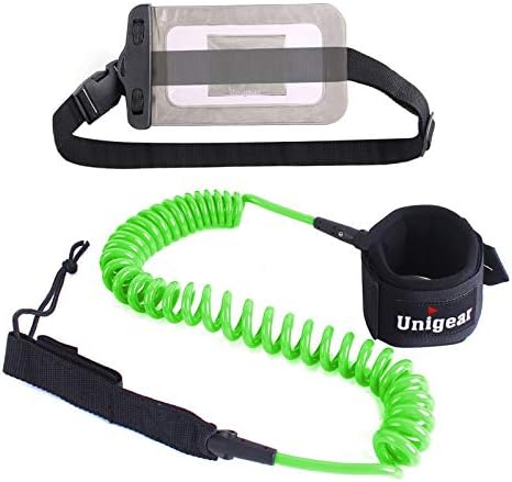 Unigear Premium SUP Leash 10' Coiled Stand Up Paddle Board Surfboard Leash Stay on Board with Waterproof Phone Case/Wallet (Green)