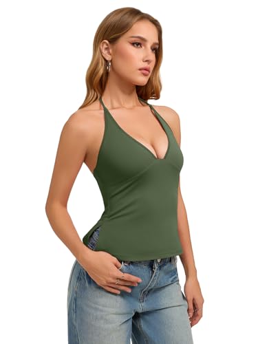 REORIA Womens Adjustable Plunge Halter Double Lined Tank Top Backless Sexy Going Out Y2K Slim Fit Side Split Camisole Crop Top Dark Green Medium — view 2