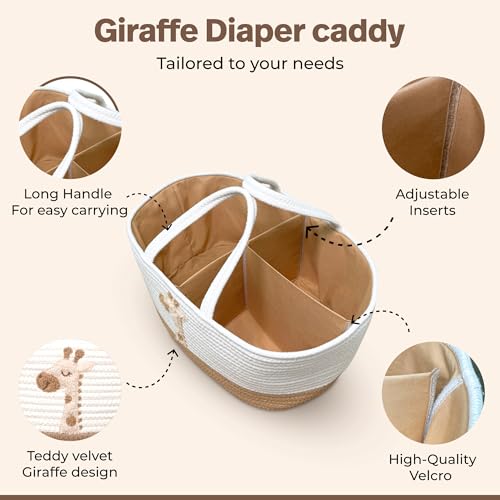 Image of Baby Diaper Caddy Organizer - Giraffe Safari Nursery Storage Rope Basket | Spacious diaper caddy organizer with 3 compartments for 30+ diapers, wipes, creams, bottles and burp cloths