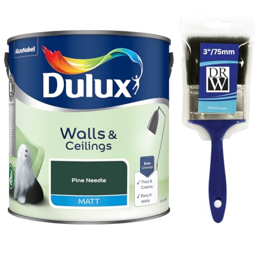 Pine Needle Walls & Ceilings Matt Emulsion Paint 2.5L + 3" Emulsion Paint Brush – Smooth Creamy Finish, Quick Dry, Low VOC, Easy Application for Walls & Ceilings