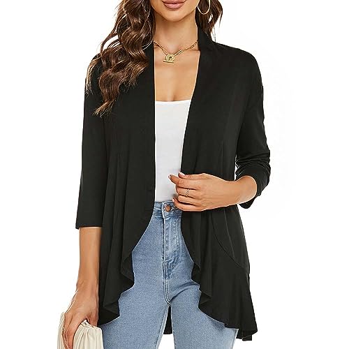Image of Womens Lightweight Cardigan Open Front Cardigans Soft Draped Ruffles 3 /4 Sleeve Cardigan (S-3XL)