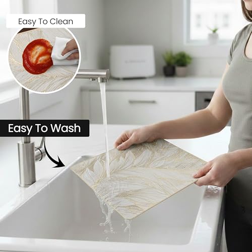 Image of Yellow Weaves 1 Pc PVC Table Placemats, Dining Table Mat, Stain Resistant, Anti-Skid, Waterproof, Washable, Dining, Kitchen, Restaurant Table Set Easy to Clean, Durable (Feather Golden)