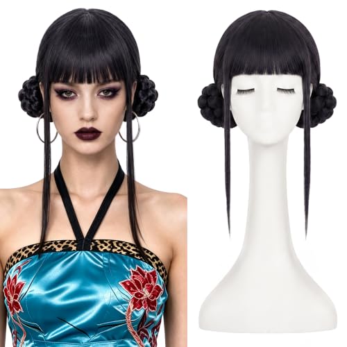 Image of S-noilite Zoey Black Blue Anime Wig with Space Buns and Bangs for Halloween