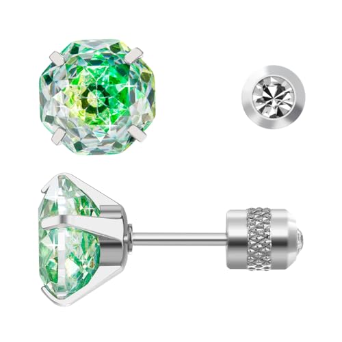 Titanium Stud Earrings, Rose-cut Zirconia Earrings Studs, Hypoallergenic & Nickel Free, Ideal for Sensitive Ears, Everyday Jewelry, Minimalist Elegant Design, Gift Box Included (Green, 8mm)