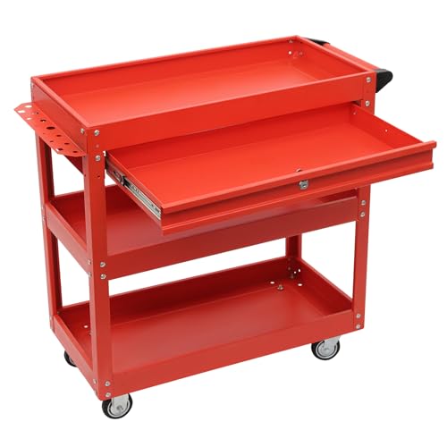 Chariot d'atelier à 3 étages + 1 tiroir verrouillable avec frein à pied - Charge maximale : 150 kg - Chariot à outils pour la maison, le garage et l'entrepôt - 76,3 x 35,3 x 83,5 cm