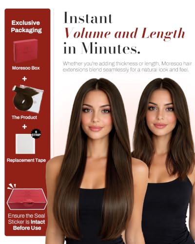 Image of Moresoo Dark Brown Tape In Human Hair Extensions, 10 Inch, 20Pcs, 30g | Tape in extensions human hair, Remy straight texture, flat tabs, short length for sleek bobs and center-part styling
