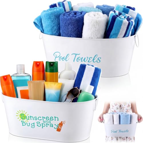 Blulu 2 Pcs Poolside Storage Bucket Metal Sunscreen Towel Holder Organizer 15 x 10 Large Summer Above Ground Pool Bucket Handle for Outdoor Indoor Swimming Camping Beach Accessories Decor
