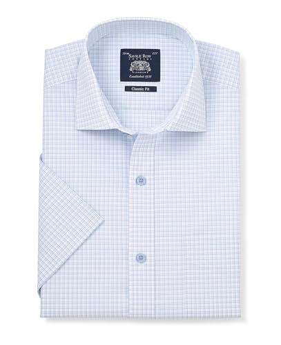THE SAVILE ROW COMPANY LONDON Men's Classic Fit Cotton Poplin Short Sleeve Formal Shirt - Light Blue Check - 16.5" Collar
