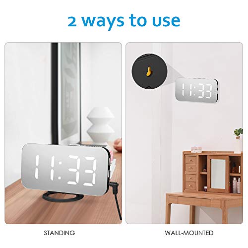 Cucudy Despertador digital LED com grande fonte branca na superfície do espelho Função Snooze Portas