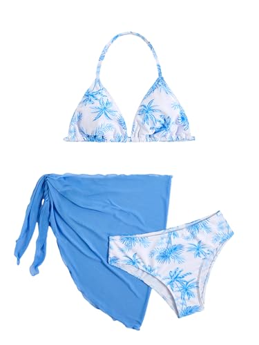 Image of SOLY HUX Girl's Summer Swimsuit Set Floral Halter Triangle Bikini Set with Wrap Skirts Beachwear