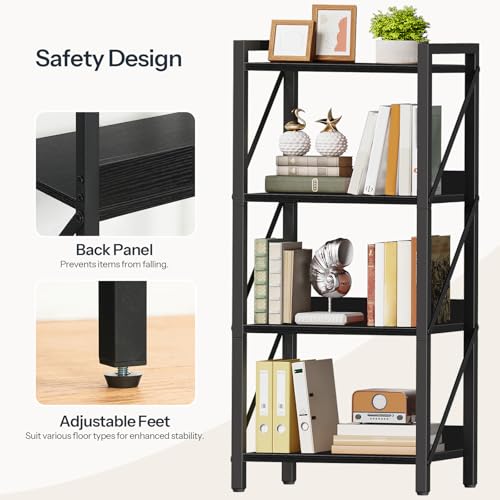 Image of HOOBRO Bookshelf, 4-Tier Industrial Bookcase, Book Shelf Storage Organizer, Small Bookshelf with Metal Frame for Living Room, Bedroom, Home Office, Kitchen, Black BB40SJ01