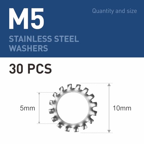 BOUMVID 30 Stück M5 Zahnscheibe Sicherungsscheiben, Gezackte Außenverzahnung Unterlegscheiben, Edelstahl 304 Zahnscheiben Klemmscheiben Größensortiment Federringe für Schraubenbefestigung
