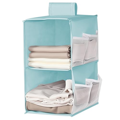 XiXiRan Spind Organizer, Schrank Organizer Hängend, 2 Fächer Kleiderschrank Organizer Hängend, mit 4 Netzseitentaschen, Faltbare Platzsparend Ordnungssystem für Zimmer - Blau