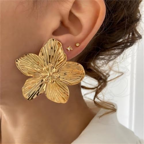14K Gold Plated Gold Flower Earrings for Women,Boho Statement Large Double Flower Earrings Trendy Chunky Floral Stud Earrings Elegant Chic Flower Jewelry2
