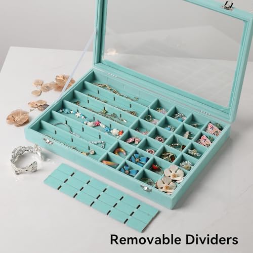 Frebeauty 48 Grid Jewelry Tray,Adjustable Earring Holder Organizer with Glass Lid,Velvet Drawer Jewelry Organizer for Rings,Studs,13.8 x 9.5 x 2 Inches Jewelry Display Box,Gift for Women(Turquoise) by Frebeauty - Image 6