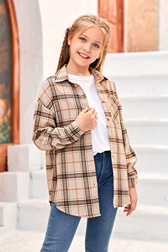 Girl's Birthday Flannel Plaid Shirt Shacket Jacket Long Sleeve Button Down Blouse Tops Khaki #TOP2