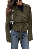 CHARTOU Faux Suede Leather Jacket 2025 Vintage Casual Cropped Wrap Coat with Belt (Large,Green)