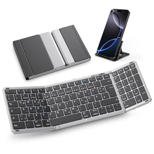 OMOTON Bluetooth Tastatur Faltbare mit Ziffernblock, Kabellose Tastatur Wiederaufladbare QWERTZ, Voller Größe, Klapptastatur mit 3 Kanäle für iOS/Android/Windows/Mac, Space Grau Schwarz