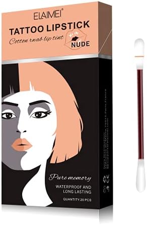 MOMEI Tattoo Lipstick Cotton Swab 20pcs, Durable Waterproof Non-Stick Lipstick Women Long Lasting Lip Gloss Disposable Portable Lip Stain Tint (Nude)