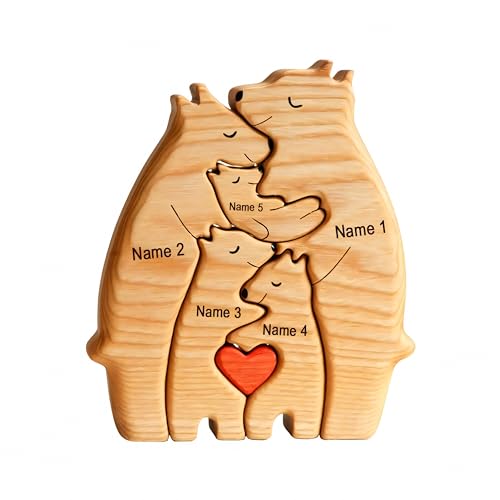 CNCZJM Personalized Wooden Art Puzzle, Bear Jigsaw Puzzle with Heart Loving Family Bear Sculpture Decorative House Warming Wood Birthday Gifts for Adults Kids (5 Members)