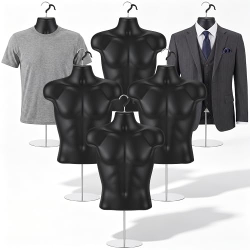 Geetery 5 Pack Male Mannequin Torso with Metal Stand, Tshirt Display, Black