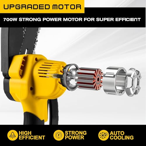 Imagen que muestra el motor potente de 700W de la mini motosierra Angseen, diseñado para ofrecer eficiencia y rendimiento en cortes