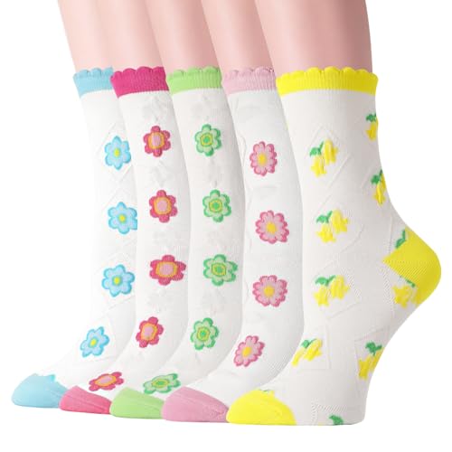 scenicamp 5 Pack Ruffle Floral Crew Socks for Women Cute Flower Graphic Cotton Casual Fashion Dress Socks