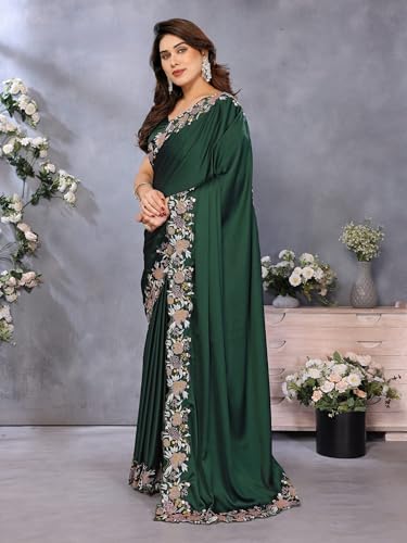 Image of Pandadi Saree Women's Satin Embroidery Work Saree With Unstitched Blouse Piece