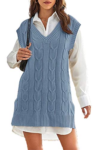Aiopr Womens Oversized Sweater Vest V Neck Sleeveless Cable Knit Pullover Jumpers Tops Blue #TOP1