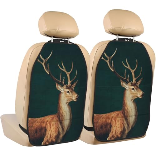 Vintage Deer Standing Dark Green Car Seat Back Kick Protectors,2 Pack Kick Mats with Storage Pockets for Vehicles to Protect from Dirt Mud Scratches