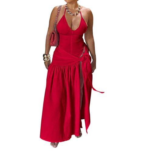 Tenue sexy 2 pièces pour femme rouge taille XS avec jupe longue dos nu